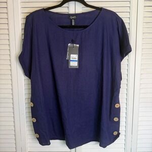 Jones New York Sailor Navy Linen Blend Button Accented Top NWT Womens XL